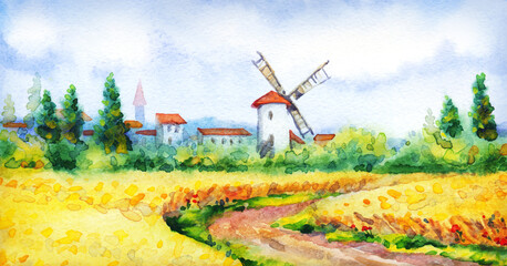 Watercolor landscape. Summer meadow near the barn © Marina