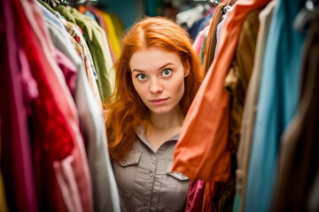 Young Woman can not choose what  wear. Funny girl indecision clothes choices, cleaning concept.  Emotional girl with worried face expression posing in her dresses room. Too much clothes.