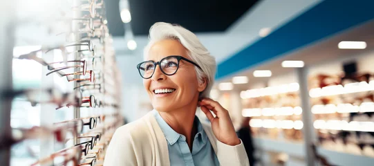 Fotobehang Attractive mature woman with natural gray hair chooses and tries on glasses in an ophthalmology store, banner format © colnihko