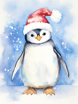 cute little penguin in a santa hat, watercolor card decoration