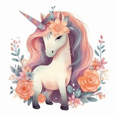 Unicorn with flowers. AI Generated