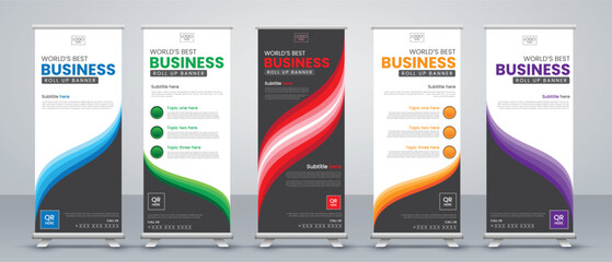 modern wave style business roll up banner design set in red, blue. green, yellow, purple and black print ready colors