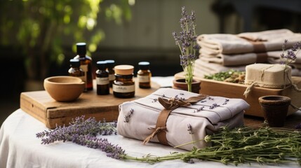 A serene spa setting showcasing DIY herbal stamps with a blend of rosemary, thyme, and lavender, poised for a therapeutic massage. - obrazy, fototapety, plakaty