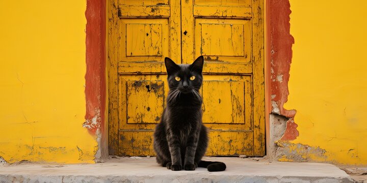 black cat sitting at wooden house door at day time, generative Ai