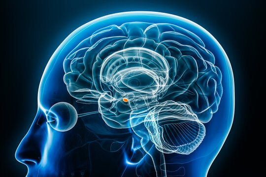 Mammillary bodies x-ray profile close-up view 3D rendering illustration with body contours. Human brain and limbic system anatomy, medical, biology, science, neuroscience, neurology concepts.