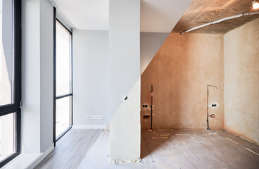 Comparison of apartment room with large panoramic window before and after refurbishment. Old room...