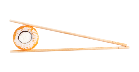 Traditional japanese healthy philadelphia roll a type of sushi made of raw or smoked salmon fish, boiled rice, cream cheese and nori seaweed with wooden bamboo chopsticks isolated on white background