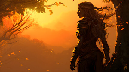 Silhouette of a female Warrior Against a Sunset Background