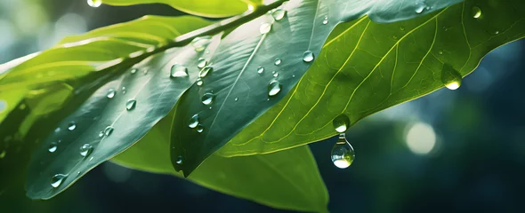 Fotobehang raindrops on fresh green leaves on a black background. Macro shot of water droplets on leaves. Waterdrop on green leaf after a rain generativ ai © Jan