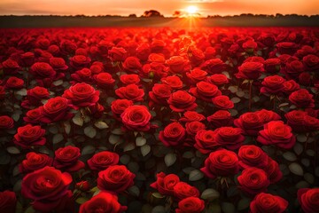 A picturesque field of red roses stretching to the horizon, with the w
