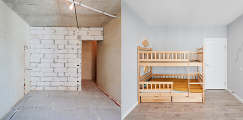 Comparison of children room with wooden bunk bed before and after restoration. Old apartment room with brick wall and new renovated flat with parquet floor and kid house bed. - obrazy, fototapety, plakaty