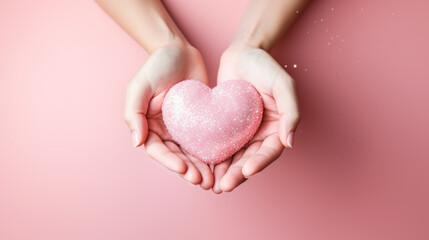Obraz premium Female hands gently holding the heart. Pink background.