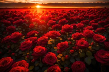 A picturesque field of red roses stretching to the horizon, with the w