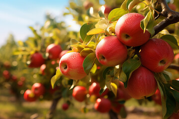 Bunch of organic red apples hanging on tree branches during sunrise, growing in an orchard. Ripe apples ready for harvesting