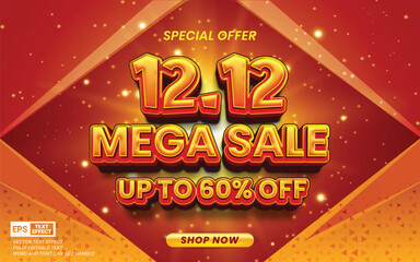 12.12 shopping day mega sale template design with 3d editable text effect