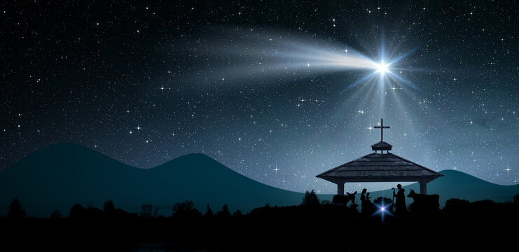 Bright Star, or Christmas Star of Bethlehem. Silhouettes of Jesus Christ, Mary, Joseph and animals.