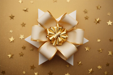 Top view photo of golden ribbon bow - glitter and background