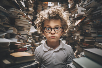 A little boy in glasses among the library book stacks.