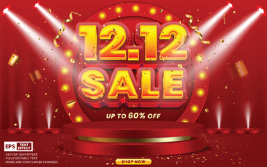 12 december shopping day mega sale template with 12.12 editable number and stage podium on red background
