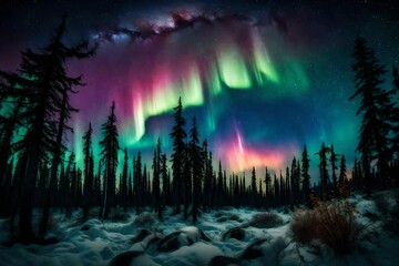 Fototapeta premium An otherworldly night sky filled with bright, colorful auroras dancing above a tranquil, moonlit forest. --
