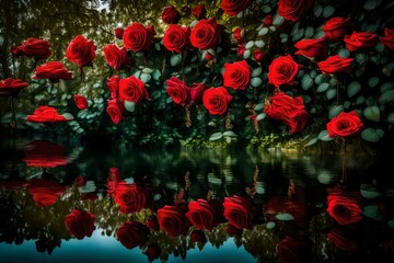 A tranquil pond reflecting a cluster of red roses hanging gracefully over the water's surface, creating a serene and surreal scene.--