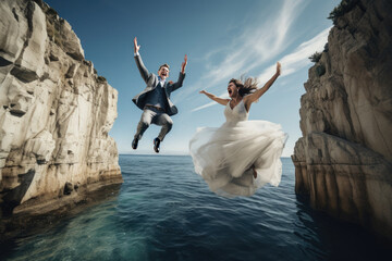 extreme adventure cliff jumping wedding, bride and groom jumping off cliff into water, taking the plunge - Powered by Adobe