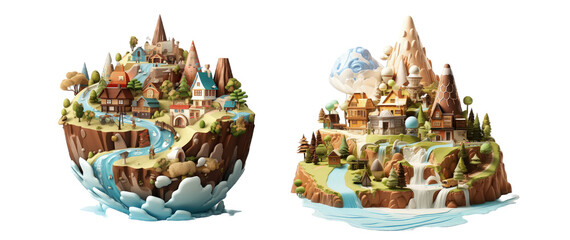 isometric 3d render landscape world with mountains and cities and water falls