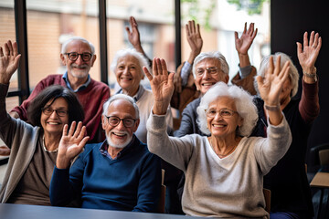 A mixed ethnic group of retired elderly senior citizens adults raising hands with questions with a smile - obrazy, fototapety, plakaty