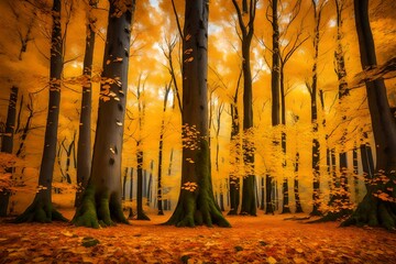 A tranquil forest scene in the midst of autumn, where golden leaves gently fall from the trees, creating a breathtaking c