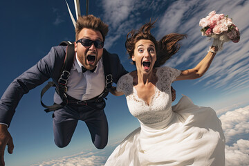 extreme adventure sky diving wedding, bride and groom jumping out of a plane with parachutes, i do - obrazy, fototapety, plakaty