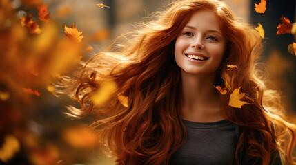 Beautiful smiling young woman with long red hair symbolizing autumn season and autumn leaves, Copy space