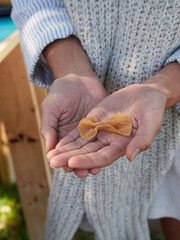 Unrecognizable woman standing in shade with pasta dish in hands