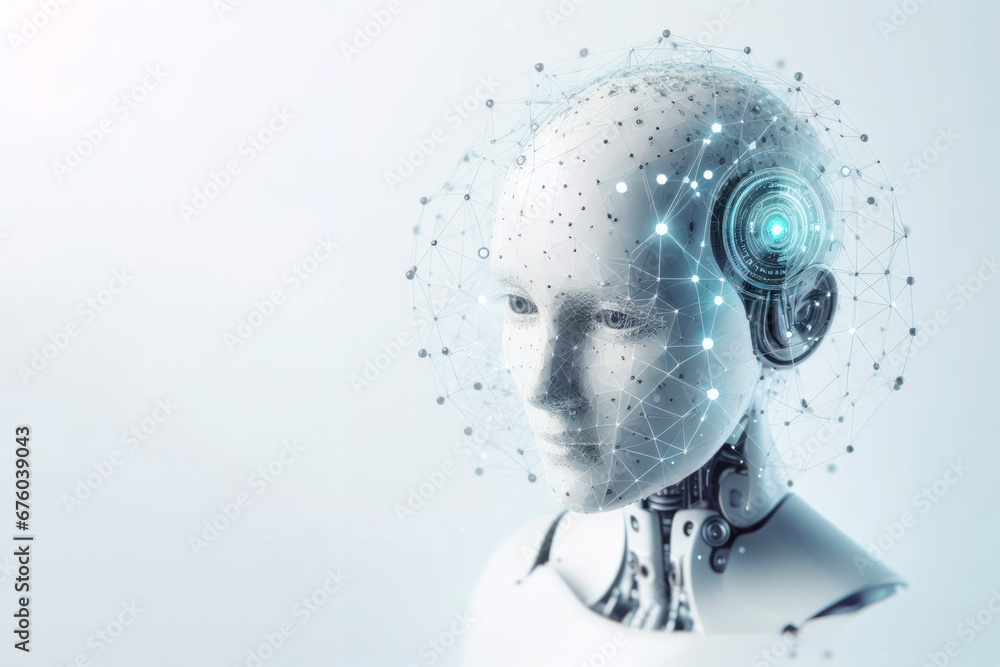 Poster ai robot technology head network on white background. ai generative