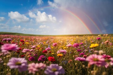 a field full of flowers with a rainbow in the sky. ai generative