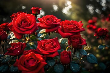 A close-up of vibrant red roses in full bloom, their petals glistening with dewdrops in the morning light.-- - obrazy, fototapety, plakaty