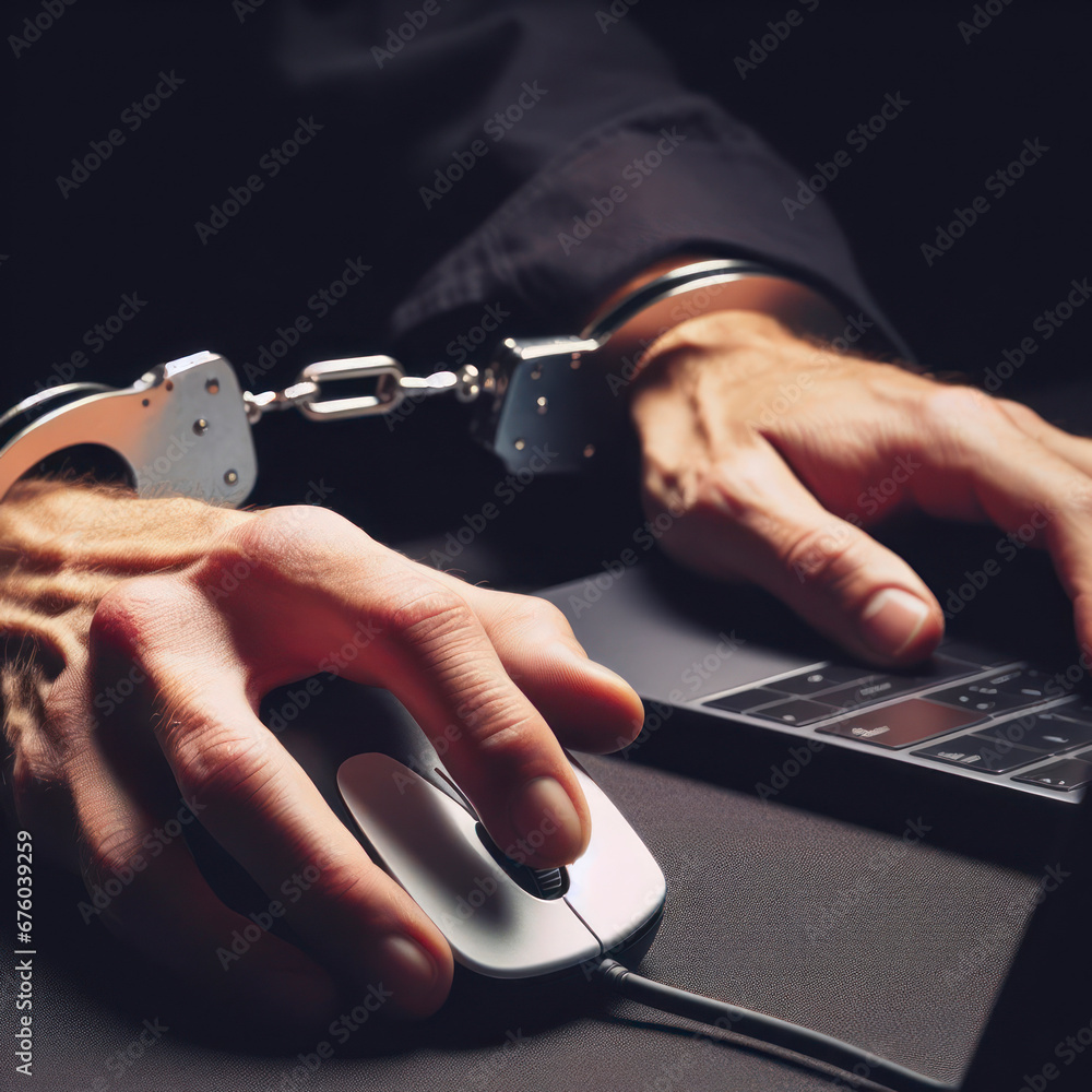 Poster closeup of a man's hand handcuffed to a computer mouse. ai generative