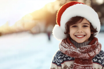 Child smiling in the winter background, happy kid in christmas and snowy landscape. ai generative