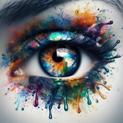 Close up Eye with world colorful splash on white background. ai generative