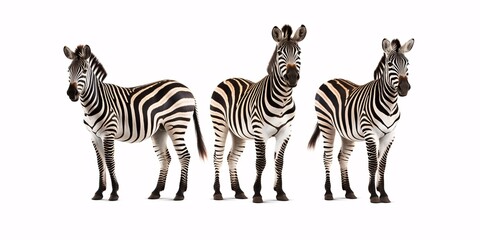 Group of three Zebras in the savanna, secluded on a white backdrop.