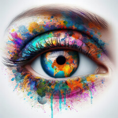 Close up Eye with world colorful splash on white background. ai generative