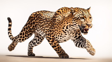 A leopard, Panthera pardus, with spots is jumping, isolated, against a white background.