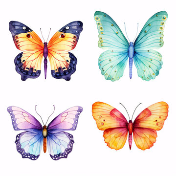 A cluster of resplendent watercolor butterflies adorning postcards, invitations, and other designs.
