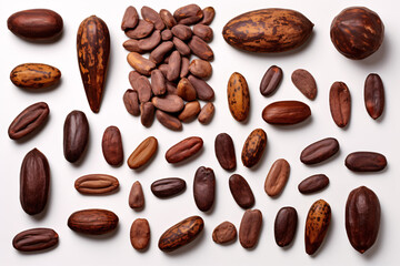 A whimsical vista of luscious, raw and dehydrated cocoa beans ensconced on a snow-white visage.