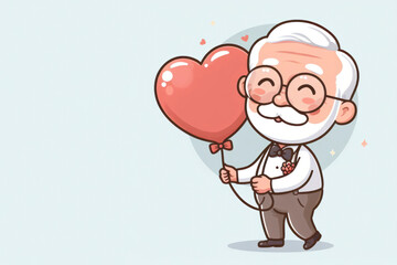 Obraz premium Grandparent hold heart balloon with smiling , Happy retirement and life healthy , cartoon illustration. ai generative