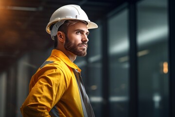 portrait of a construction worker in a yellow uniform