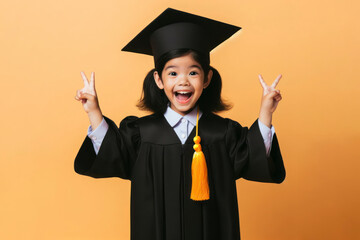Kid in graduate dress with happy emotion on color solid background. ai generative