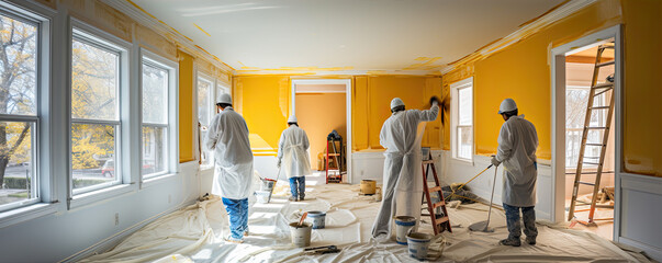 Construction workers paint walls and install ceiling. - Powered by Adobe