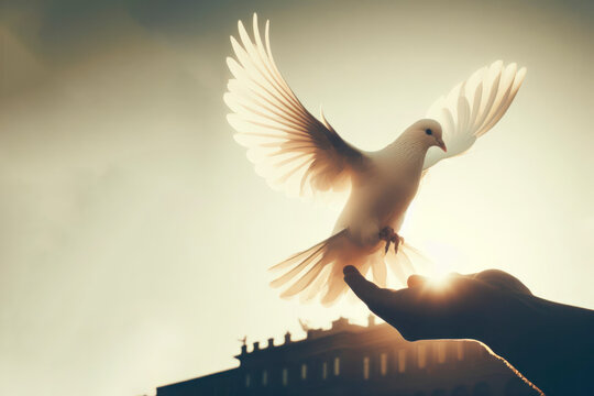 White dove in hand for peace or freedom symbol. ai generative