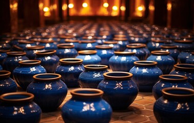 a large number of small clay jars on the floor of a restaurant, bronze and blue, intensely colorful figuration
