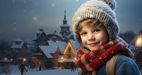 cute young boy wearing wool cap and scarf  with winter vintage cityscape background at twilight...